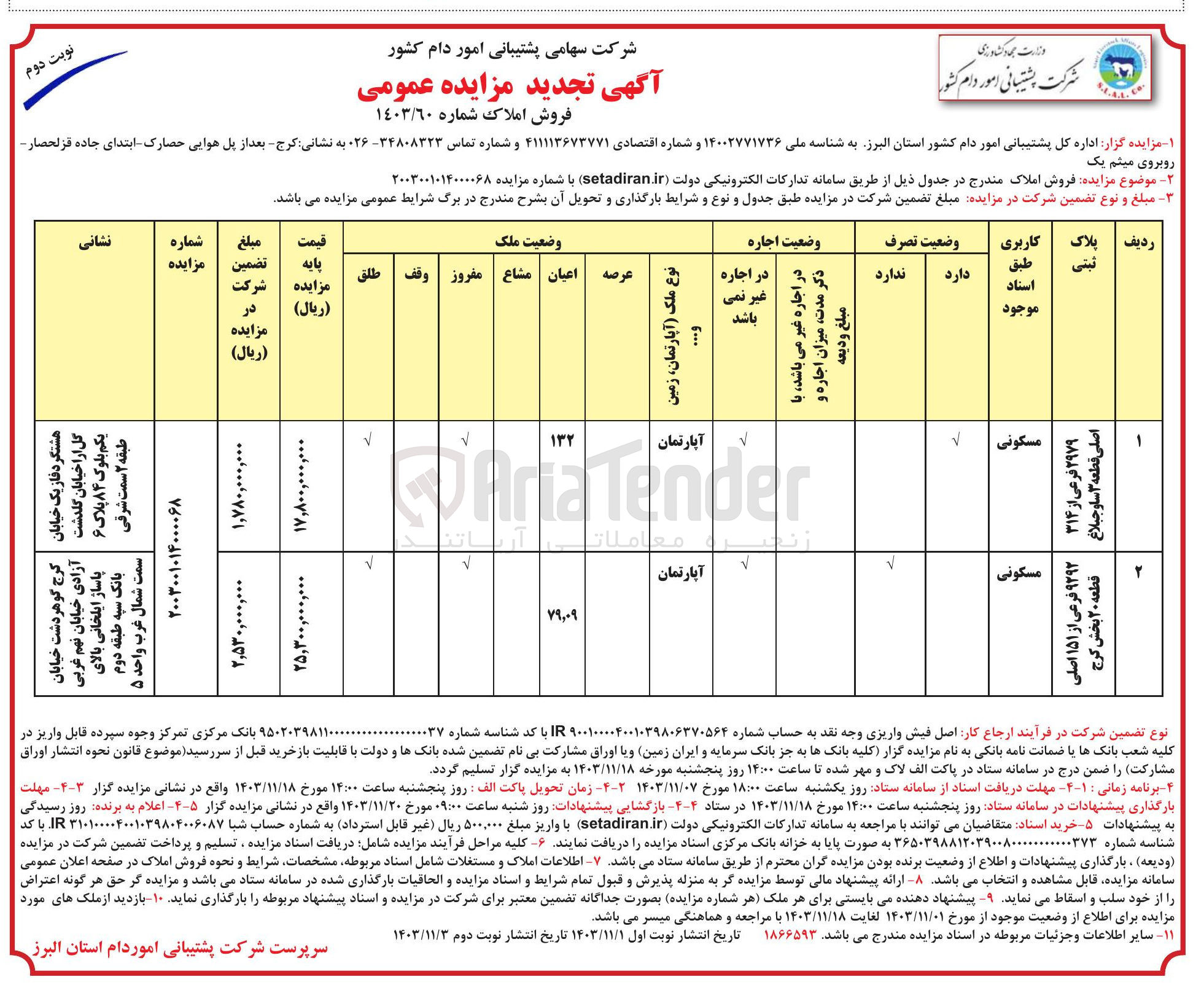 تصویر کوچک آگهی فروش املاک در 2 ردیف با کاربری مسکونی 2979 فرعی از 314 اصلی و 9292 فرعی از 151 اصلی