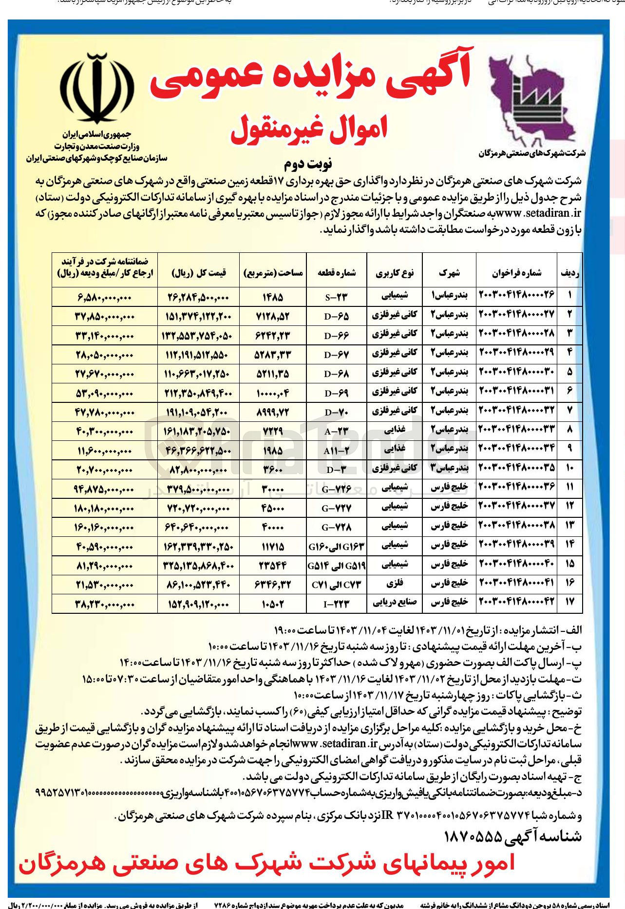 تصویر کوچک آگهی واگذاری حق بهره برداری ۱۷ قطعه زمین صنعتی با کاربری شیمیایی -کانی  غیر فلزی -غذایی