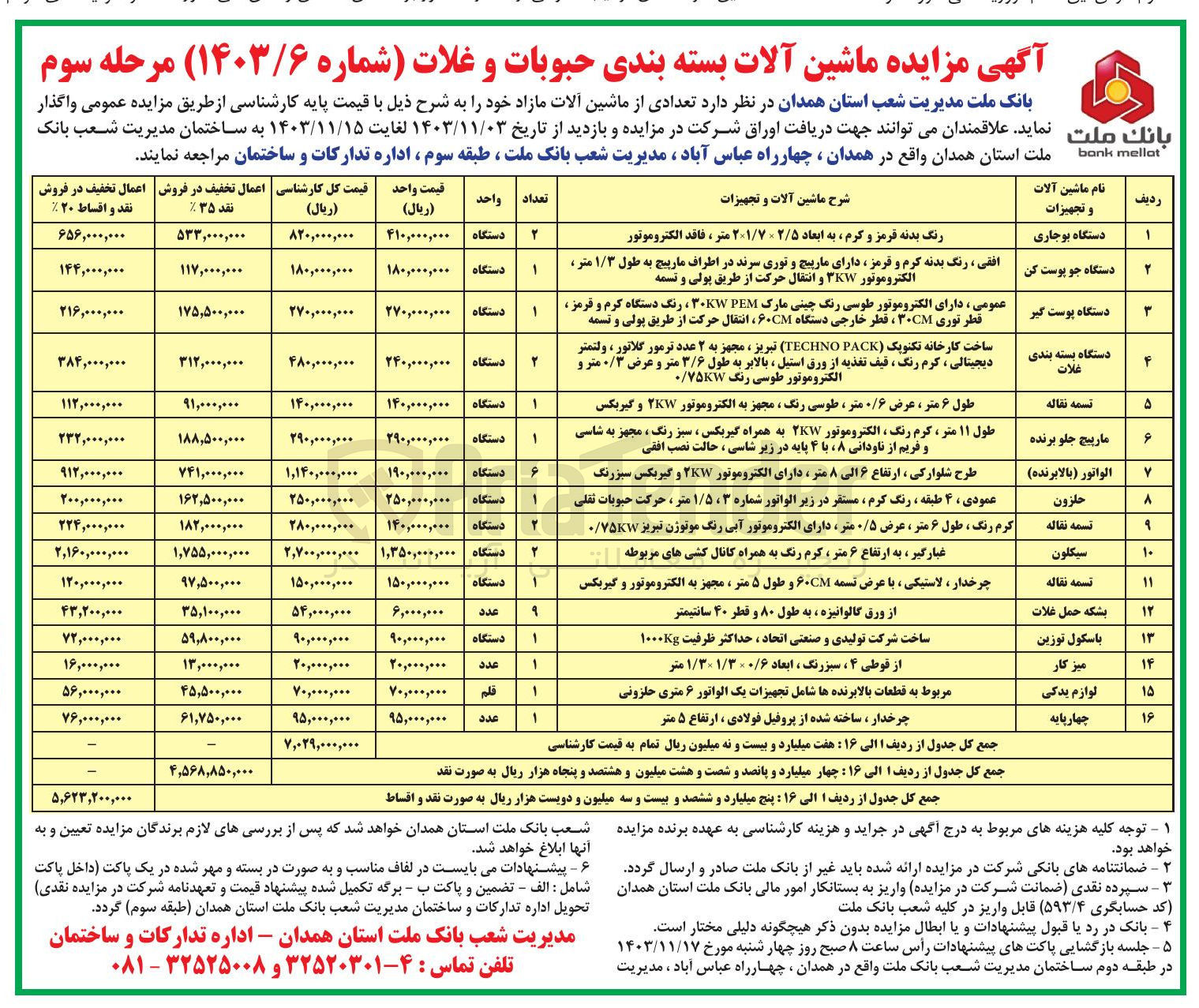 تصویر کوچک آگهی واگذاری تعدادی ماشین آلات مازاد در 16 ردیف شامل:دستگاه بوجاری دستگاه پوست گیر و ... 

