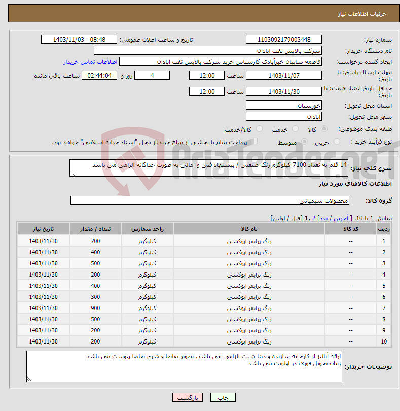 تصویر کوچک آگهی نیاز انتخاب تامین کننده-14 قلم به تعداد 7100 کیلوگرم رنگ صنعتی / پیشنهاد فنی و مالی به صورت جداگانه الزامی می باشد 