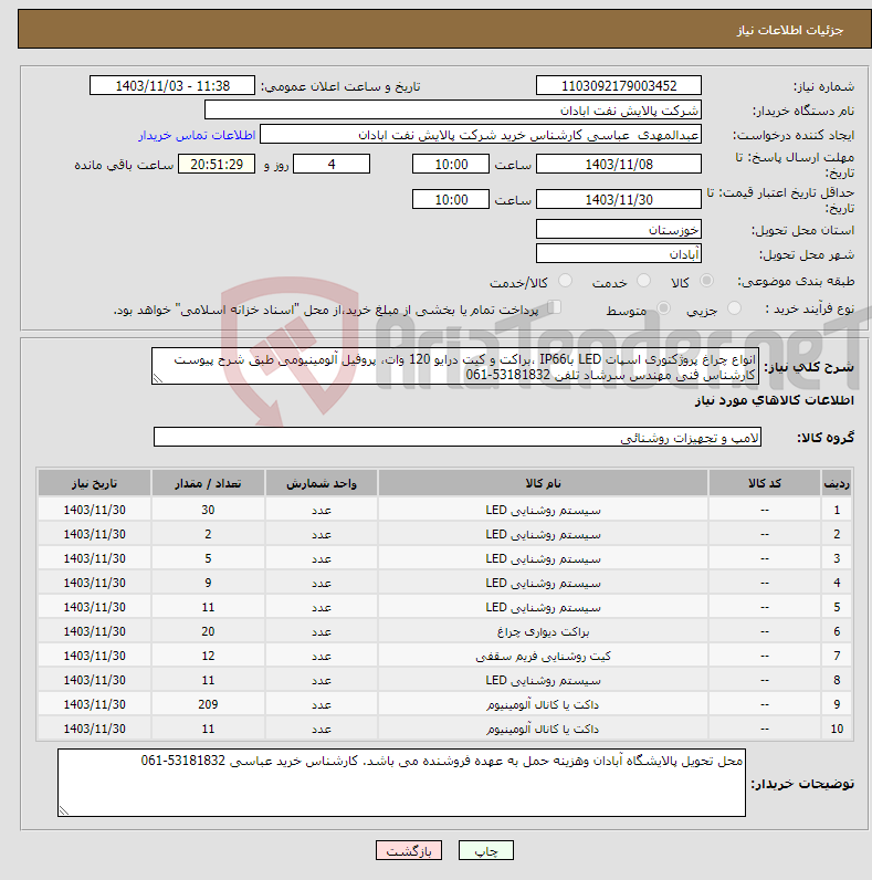 تصویر کوچک آگهی نیاز انتخاب تامین کننده-انواع چراغ پروژکتوری اسپات LED باIP66 ،براکت و کیت درایو 120 وات، پروفیل آلومینیومی طبق شرح پیوست کارشناس فنی مهندس سرشاد تلفن 53181832-061