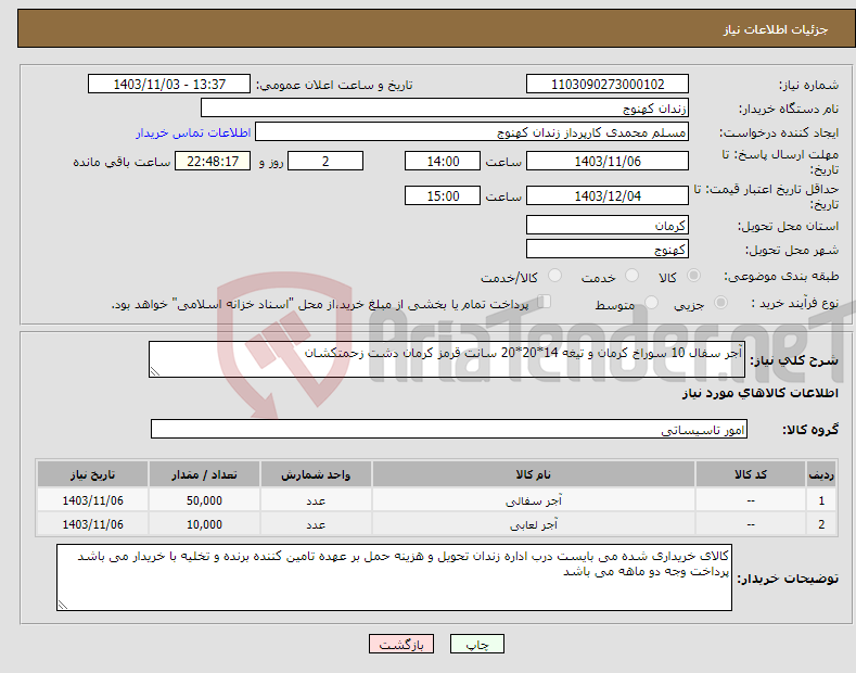 تصویر کوچک آگهی نیاز انتخاب تامین کننده-آجر سفال 10 سوراخ کرمان و تیغه 14*20*20 سانت قرمز کرمان دشت زحمتکشان