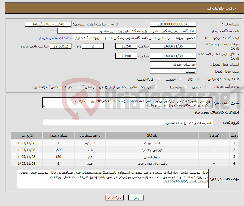 تصویر کوچک آگهی نیاز انتخاب تامین کننده-اورژانس پیامبراعظم ص-لوازم برقی براساس مشخصات پیوست-استعلام فاقدپیوست ابطال میگردد.پرداخت45روزه -تحویل دراسرع وقت