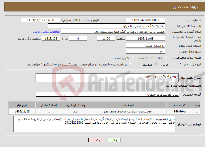 تصویر کوچک آگهی نیاز انتخاب تامین کننده-تهیه و اجرای جدول کانییو 