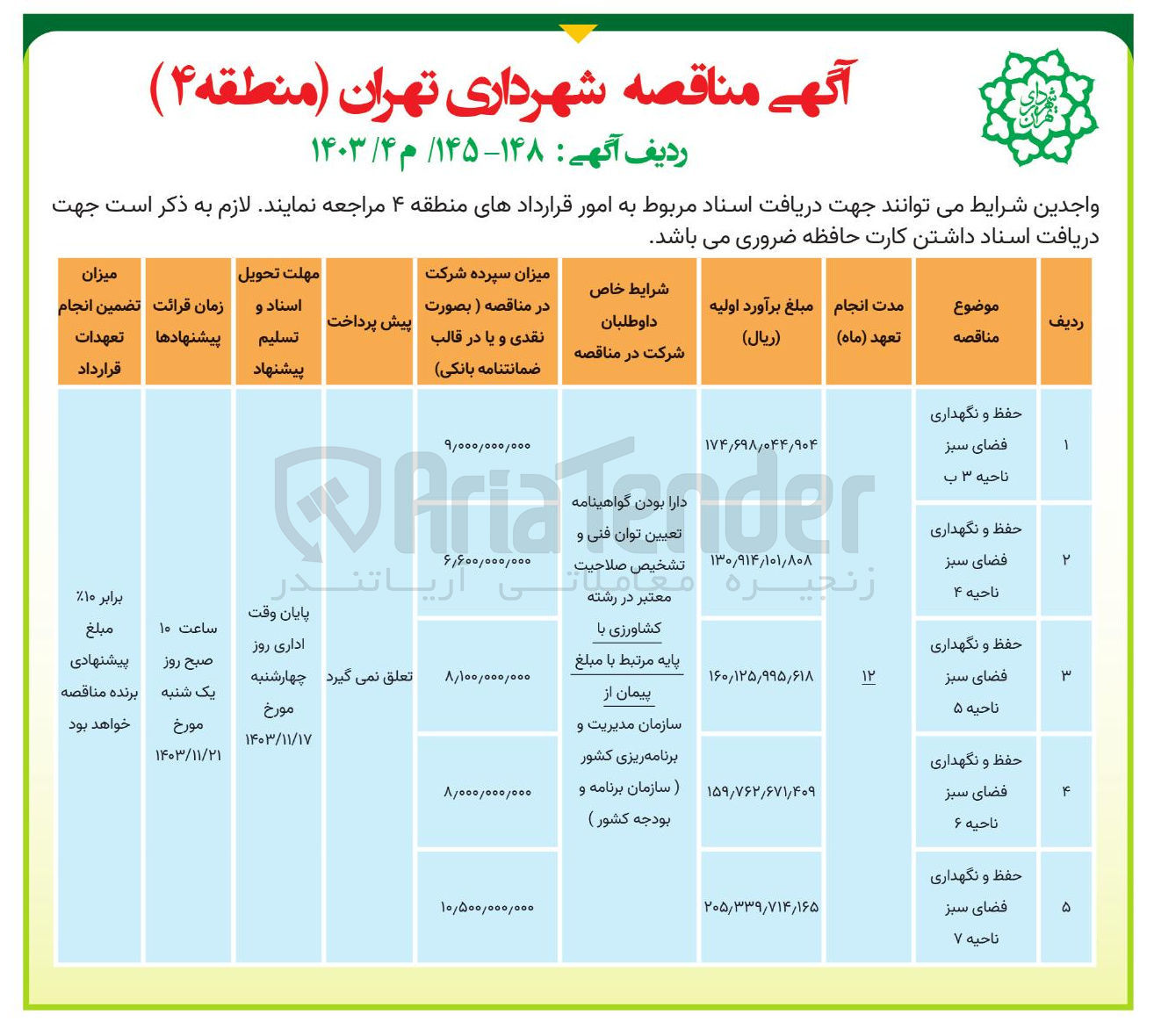 تصویر کوچک آگهی حفظ و نگهداری فضای سبز ناحیه ۳ 