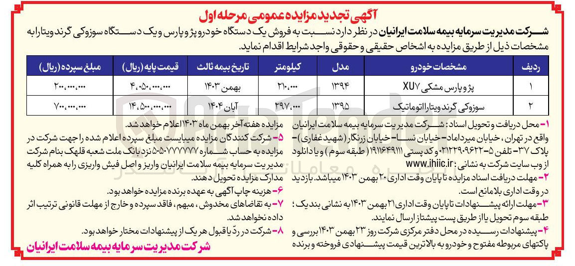 تصویر کوچک آگهی فروش یک دستگاه خودرو پژو پارس و یک دستگاه سوزوکی گرند ویتارا 