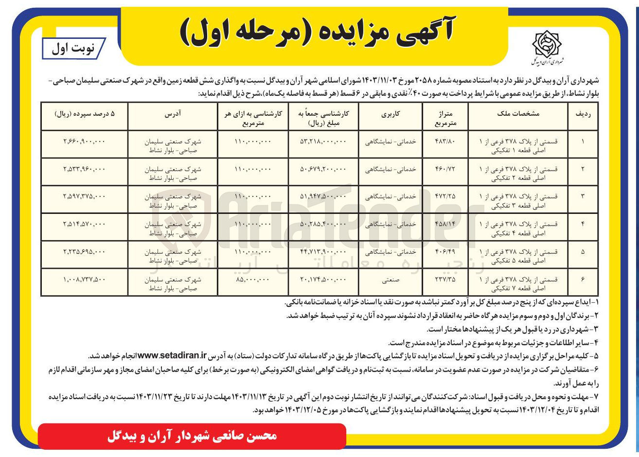 تصویر کوچک آگهی واگذاری شش قطعه زمین با کاربری خدماتی - نمایشگاهی، صنعتی