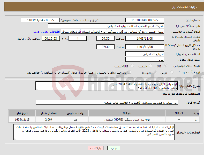 تصویر کوچک آگهی نیاز انتخاب تامین کننده-لوله پلی اتیلن دوجداره با مانشون 400 : 2004 متر واشر مانشون 400 : 334 حلقه