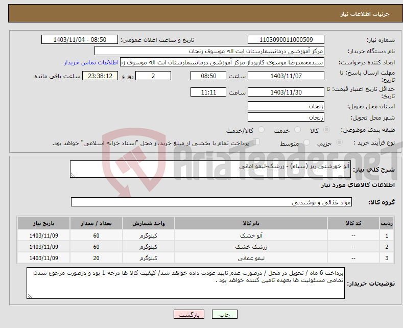 تصویر کوچک آگهی نیاز انتخاب تامین کننده-آلو خورشتی ریز (سیاه) - زرشک-لیمو امانی