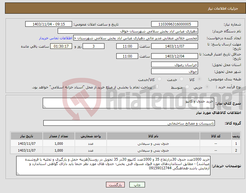 تصویر کوچک آگهی نیاز انتخاب تامین کننده-خرید جدول و کانیو