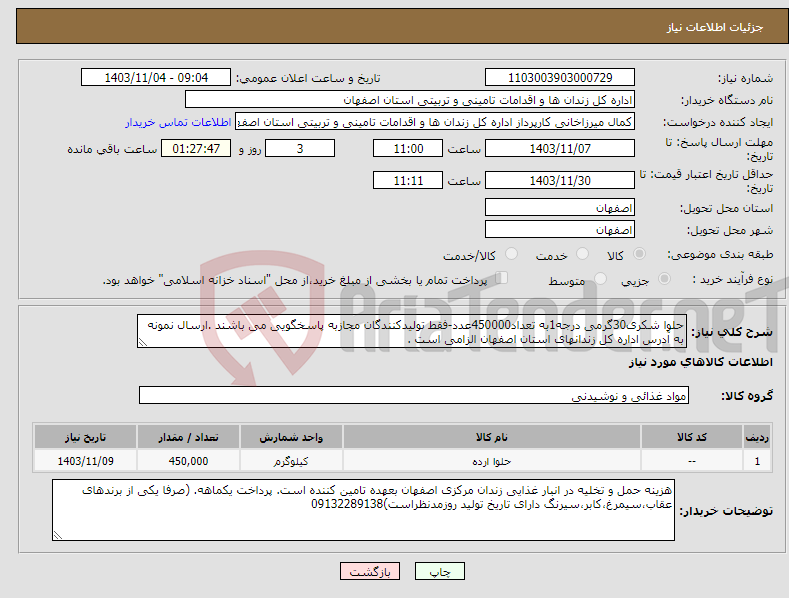 تصویر کوچک آگهی نیاز انتخاب تامین کننده-حلوا شکری30گرمی درجه1به تعداد450000عدد-فقط تولیدکنندگان مجازبه پاسخگویی می باشند .ارسال نمونه به آدرس اداره کل زندانهای استان اصفهان الزامی است .