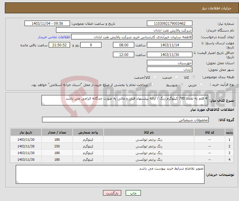 تصویر کوچک آگهی نیاز انتخاب تامین کننده-4 قلم به تعداد 790 کیلوگرم رنگ / ارائه پیشنهاد فنی و مالی به صورت جدگانه الزامی می باشد 