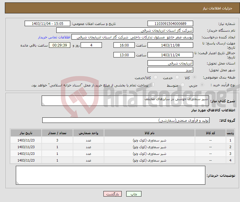 تصویر کوچک آگهی نیاز انتخاب تامین کننده-شیر سماوری جوشی در سایزهای مختلف