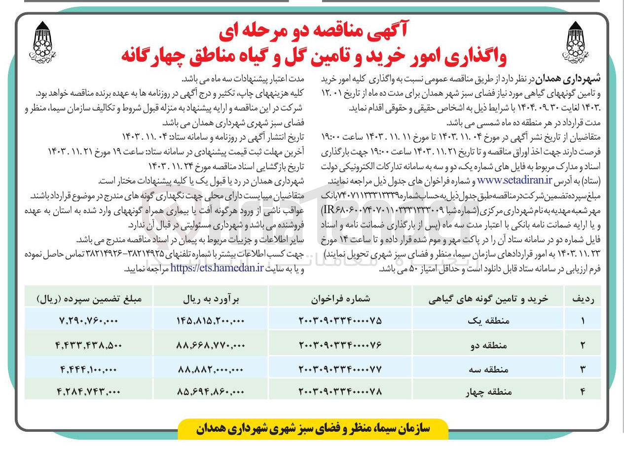 تصویر کوچک آگهی خرید و تامین گونه های گیاهی منطقه یک