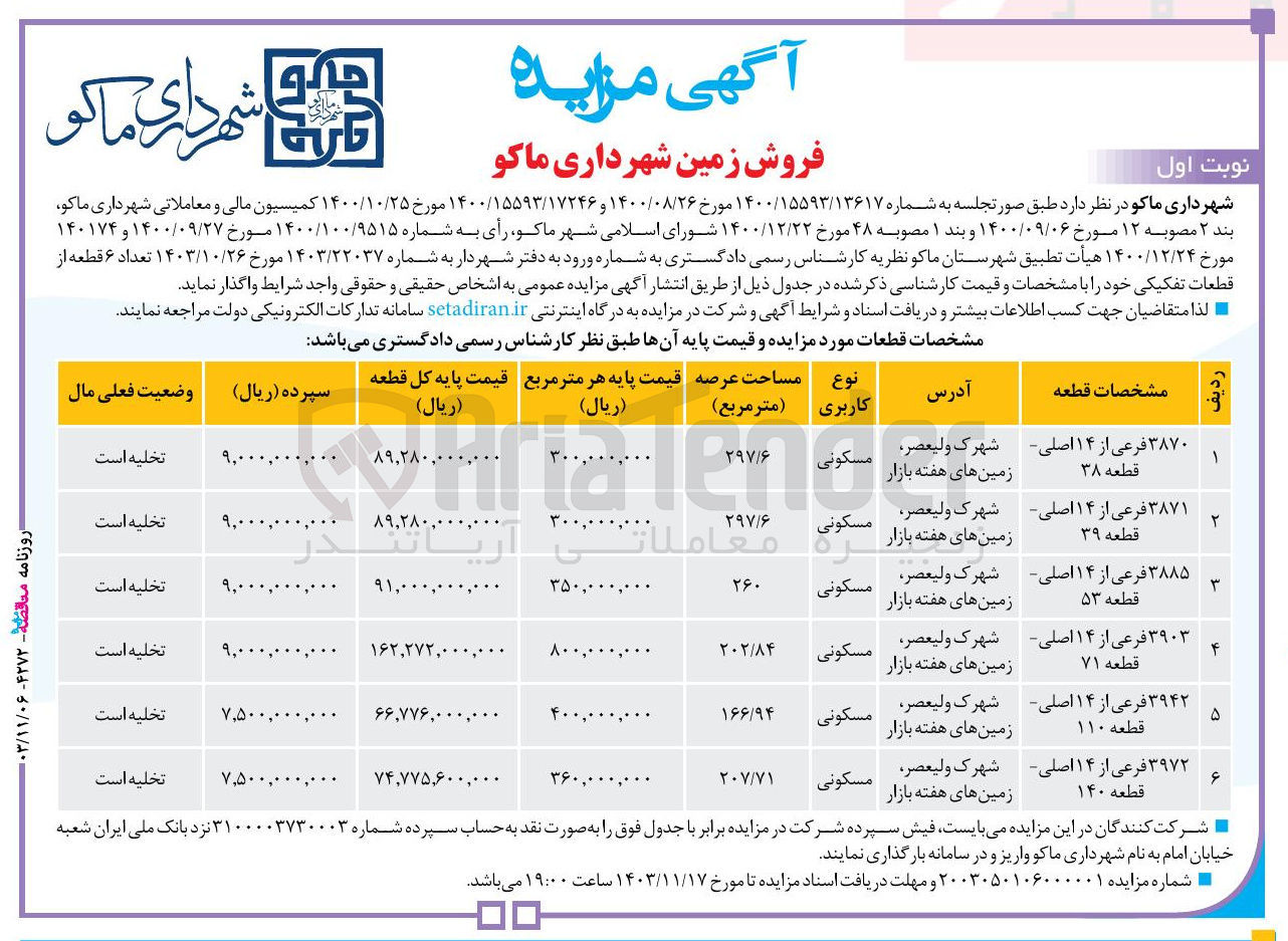 تصویر کوچک آگهی فروش تعداد ۶ قطعه از قطعات تفکیکی با کاربری مسکونی