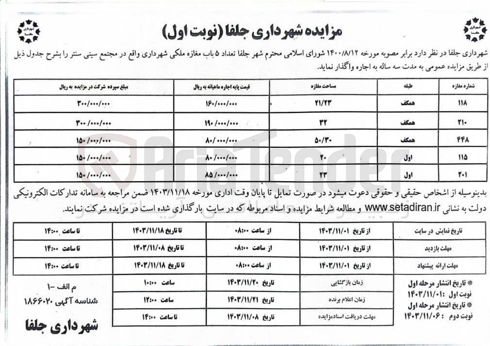 تصویر کوچک آگهی اجاره تعداد ۵ باب مغازه ملکی شهرداری