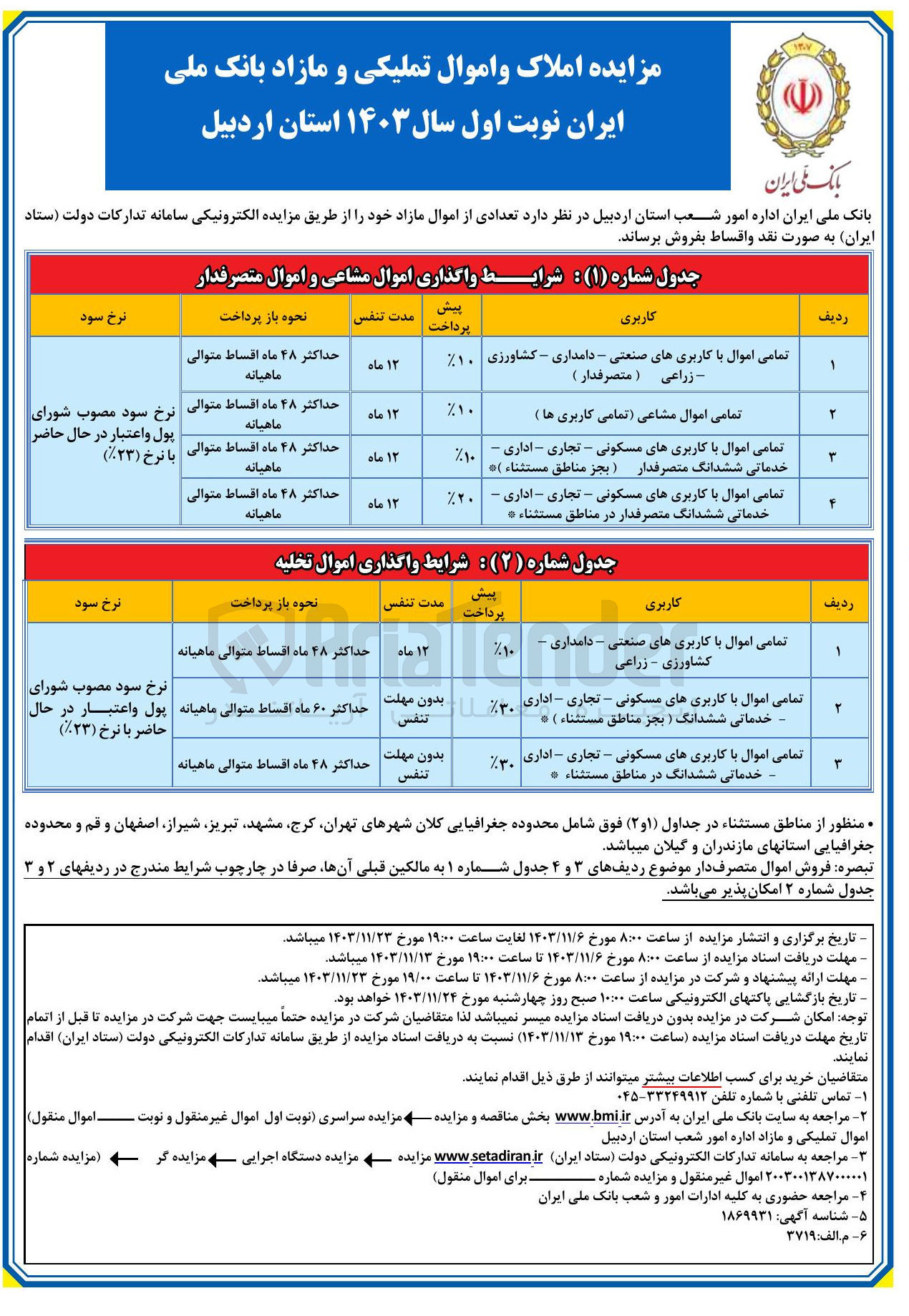 تصویر کوچک آگهی فروش تعدادی از اموال در 7 ردیف با کاربری مسکونی، تجاری، زراعی، دامداری، کشاورزی، اداری، خدماتی