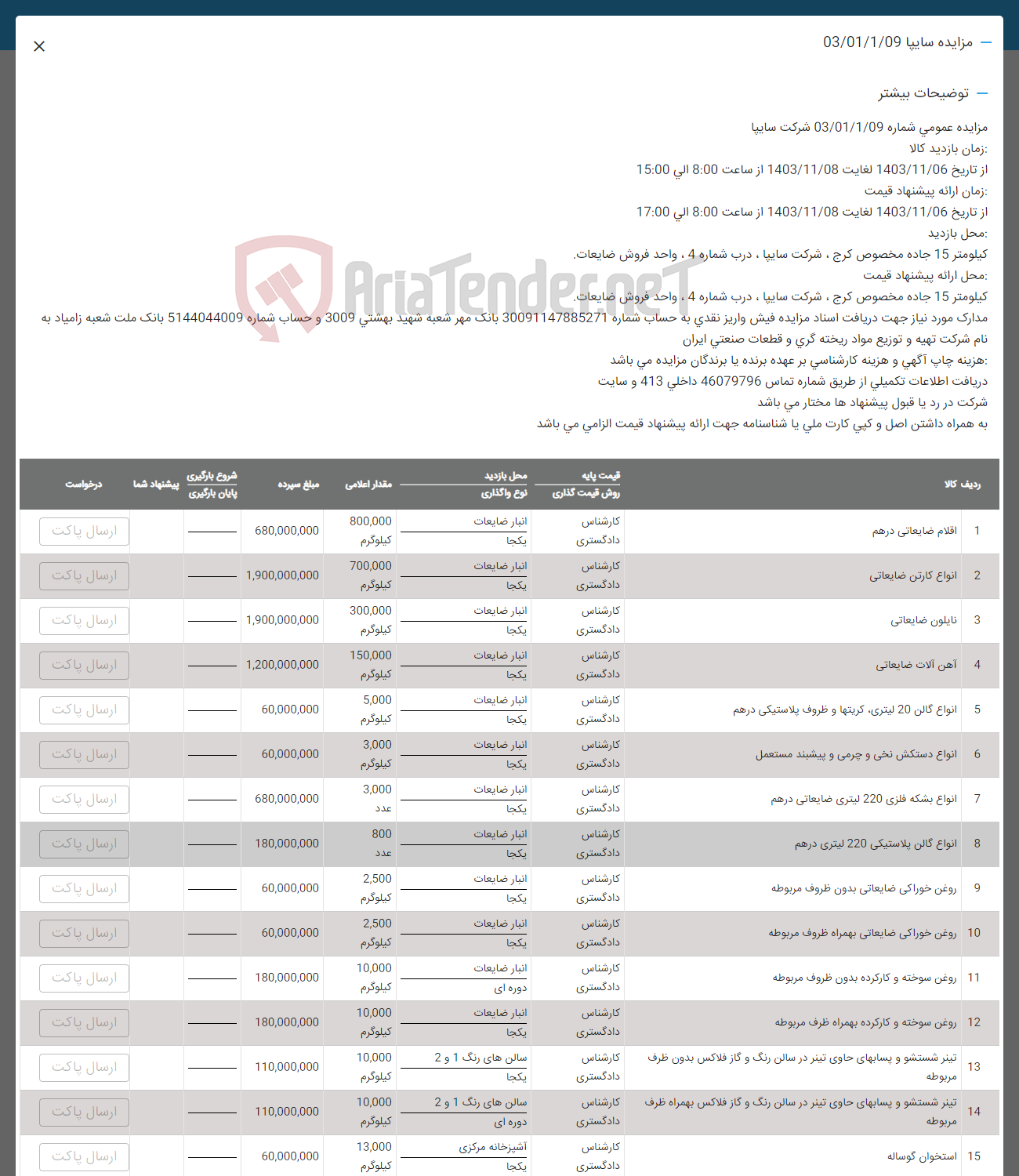 تصویر کوچک آگهی فروش اقلام :اقلام ضایعاتی درهم -انواع کارتن ضایعاتی - انواع گالن 20 لیتری کریتها و ظروف پلاستیکی در هم -روغن خوراکی ضایعاتی بهمراه ظروف مربوطه - روغن سوخته و کارکرده بهمراه ظرف مربوطه 
