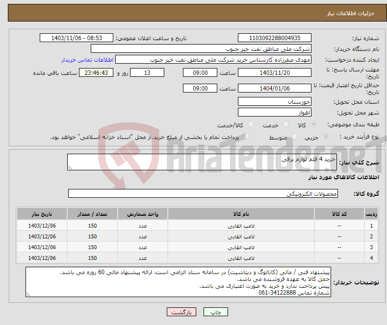 تصویر کوچک آگهی نیاز انتخاب تامین کننده-خرید 4 قلم لوازم برقی