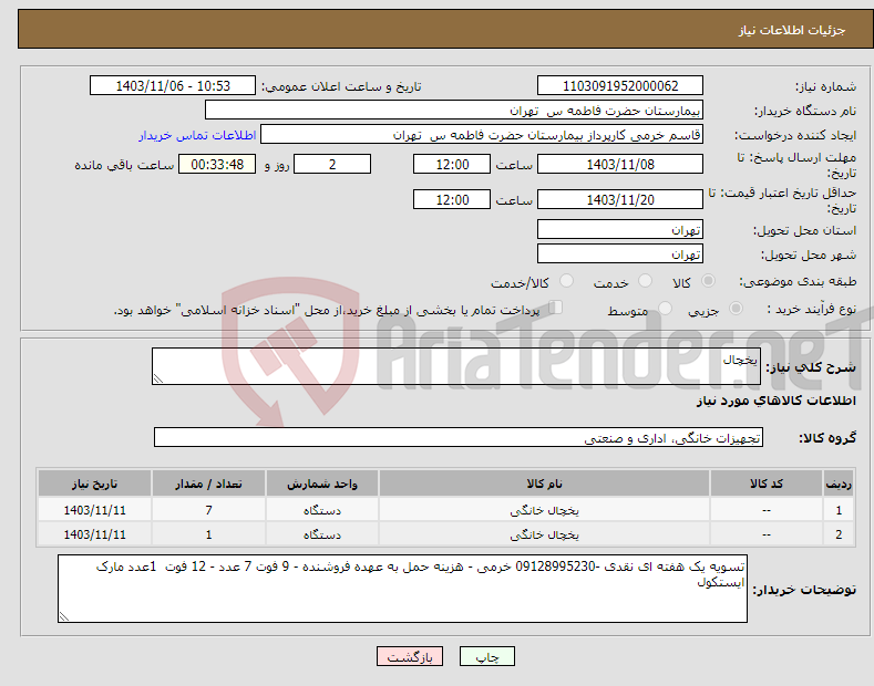 تصویر کوچک آگهی نیاز انتخاب تامین کننده-یخچال