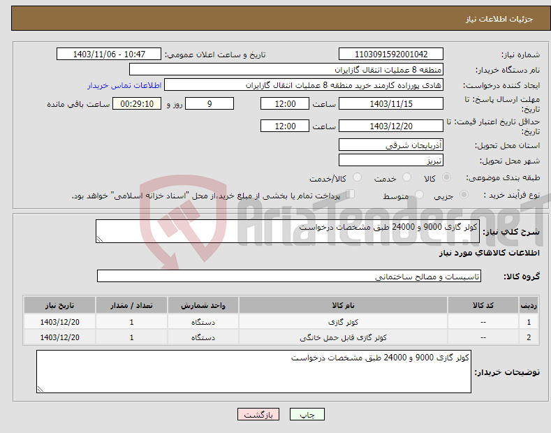 تصویر کوچک آگهی نیاز انتخاب تامین کننده-کولر گازی 9000 و 24000 طبق مشخصات درخواست