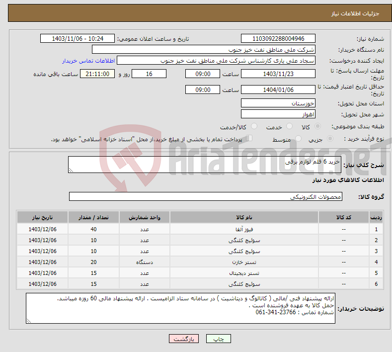 تصویر کوچک آگهی نیاز انتخاب تامین کننده-خرید 6 قلم لوازم برقی