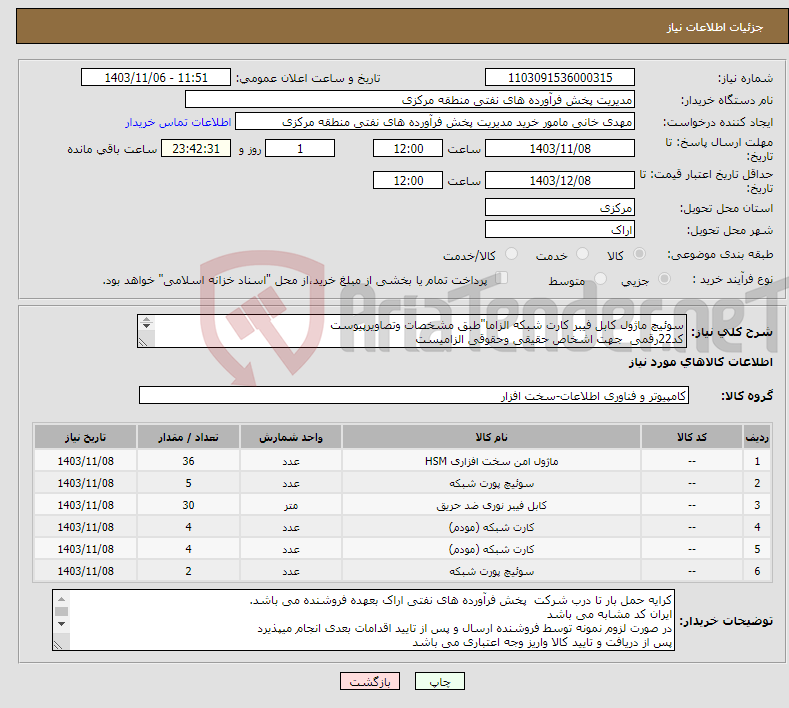 تصویر کوچک آگهی نیاز انتخاب تامین کننده-سوئیچ ماژول کابل فیبر کارت شبکه الزاما"طبق مشخصات وتصاویرپیوست کد22رقمی جهت اشخاص حقیقی وحقوقی الزامیست مهلت تامین سه روزه است 