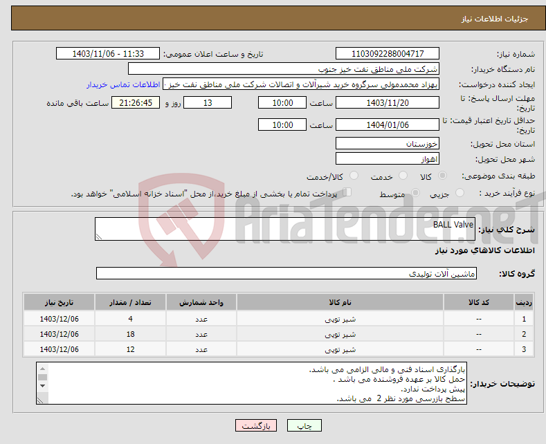 تصویر کوچک آگهی نیاز انتخاب تامین کننده-BALL Valve