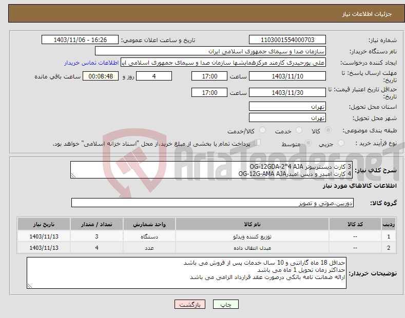 تصویر کوچک آگهی نیاز انتخاب تامین کننده-3 کارت دیستربیوتر OG-12GDA-2*4 AJA 4 کارت امبدر و دیس امبدرOG-12G-AMA AJA