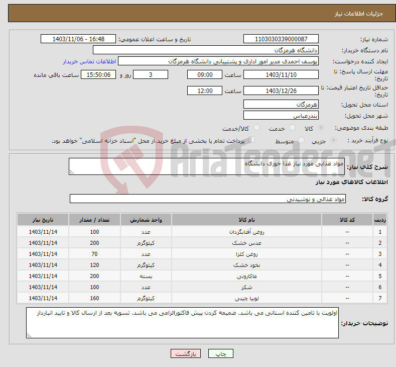 تصویر کوچک آگهی نیاز انتخاب تامین کننده-مواد غذایی مورد نیاز غذا خوری دانشگاه