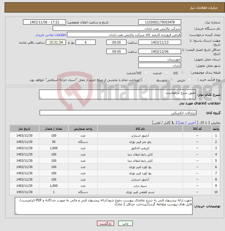 تصویر کوچک آگهی نیاز انتخاب تامین کننده-طبق شرح درخواست