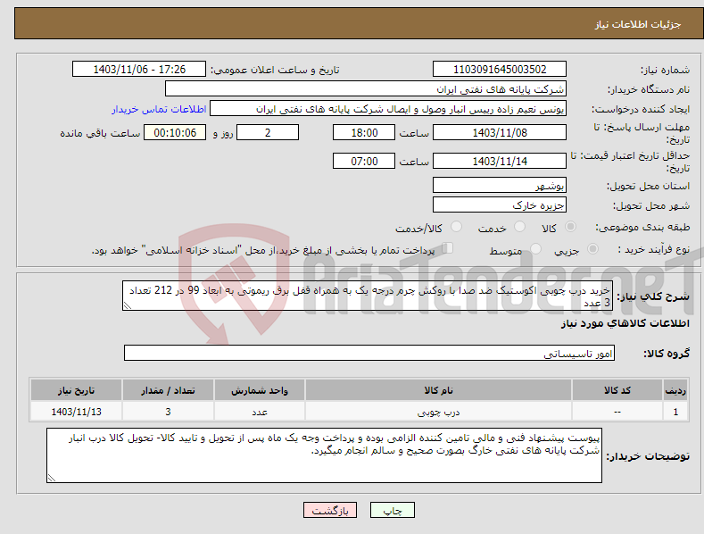 تصویر کوچک آگهی نیاز انتخاب تامین کننده-خرید درب چوبی اکوستیک ضد صدا با روکش چرم درجه یک به همراه قفل برق ریموتی به ابعاد 99 در 212 تعداد 3 عدد