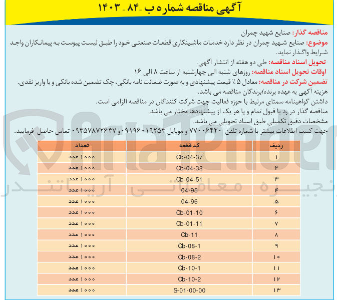 تصویر کوچک آگهی خدمات ماشینکاری قطعات صنعتی در 13 ردیف