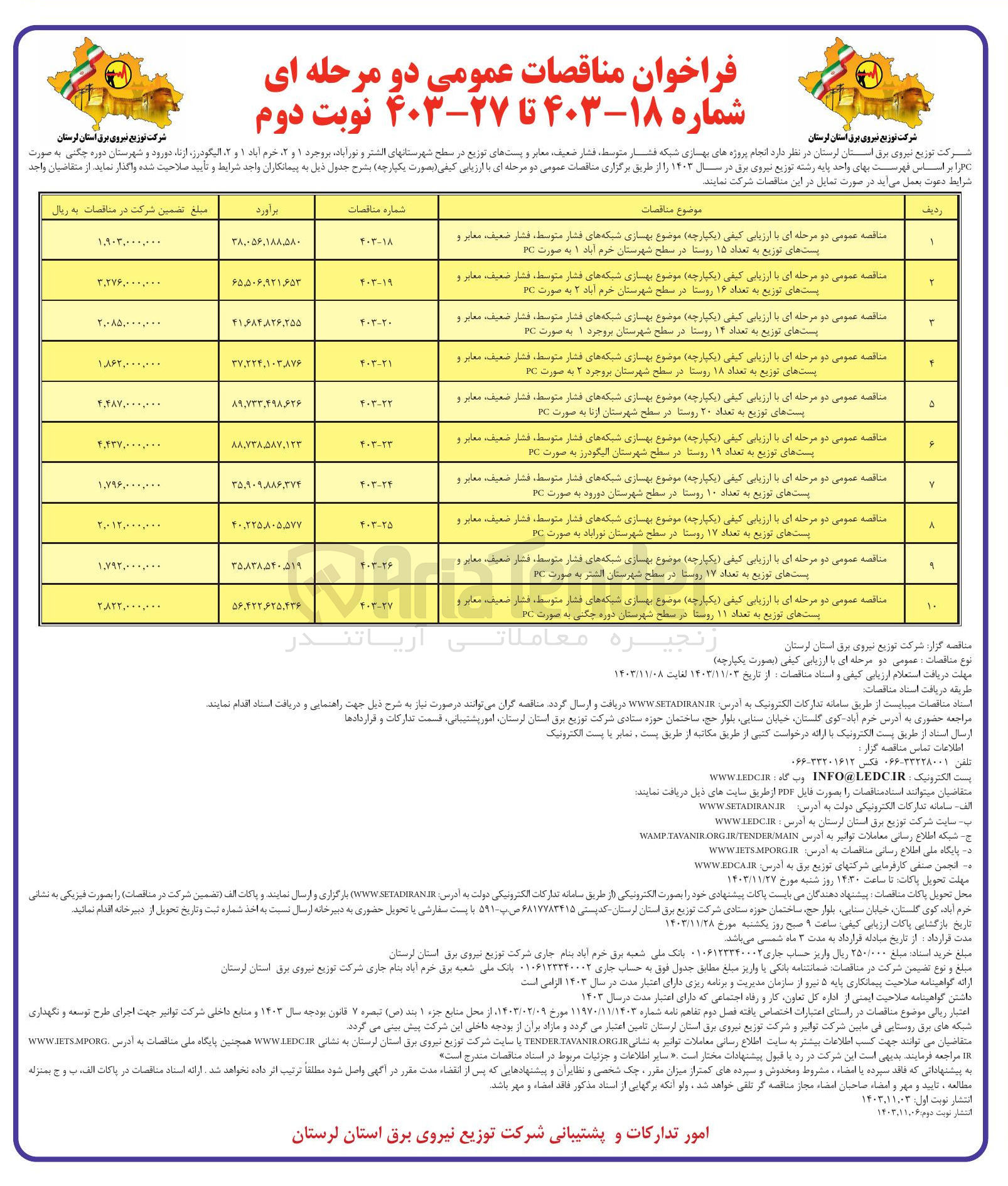 تصویر کوچک آگهی بهسازی شبکه های فشار متوسط ، فشار ضعیف معابر و است های توزیع به تعداد ۲۰ روستا در سطح شهرستان ازنا به صورت PC 
