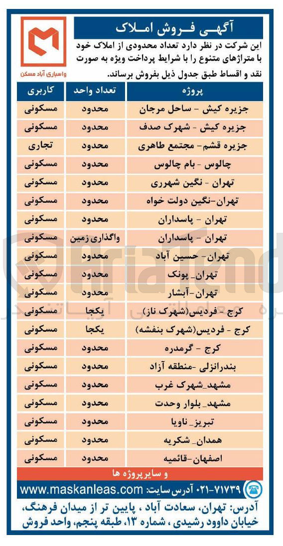 تصویر کوچک آگهی فروش تعداد محدودی از املاک در 20 ردیف با کاربری مسکونی و تجاری در شهرهای کیش، قشم، چالوس، تهران، کرج، مشهد، بندرانزلی، تبریز، همدان، اصفهان