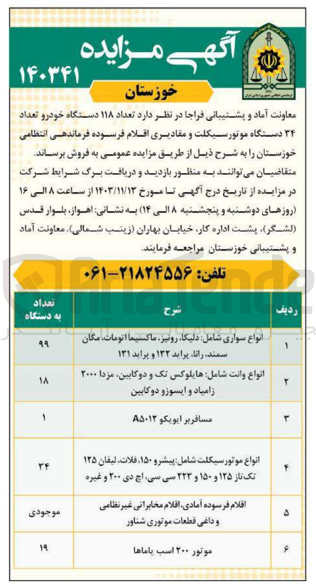 تصویر کوچک آگهی فروش تعداد ۱۱۸ دستگاه خودرو تعداد ۳۴ دستگاه موتورسیکلت و مقادیری اقلام فرسوده