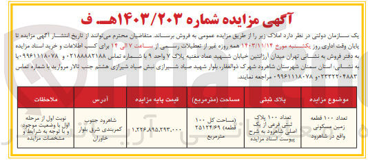 تصویر کوچک آگهی فروش 100 قطعه زمین مسکونی