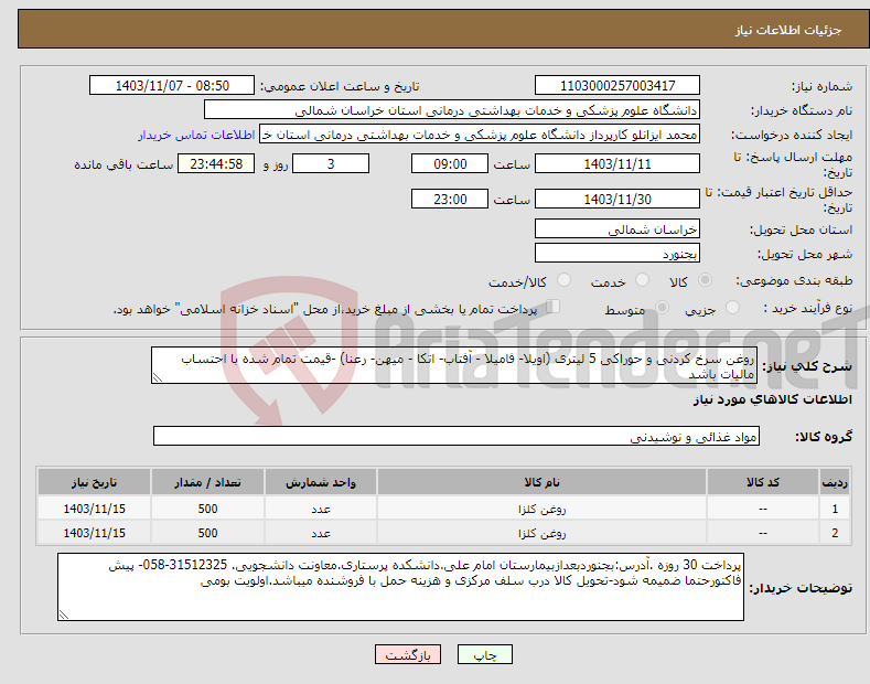 تصویر کوچک آگهی نیاز انتخاب تامین کننده-روغن سرخ کردنی و حوراکی 5 لیتری (اویلا- فامیلا - آفتاب- اتکا - میهن- رعنا) -قیمت تمام شده با احتساب مالیات باشد