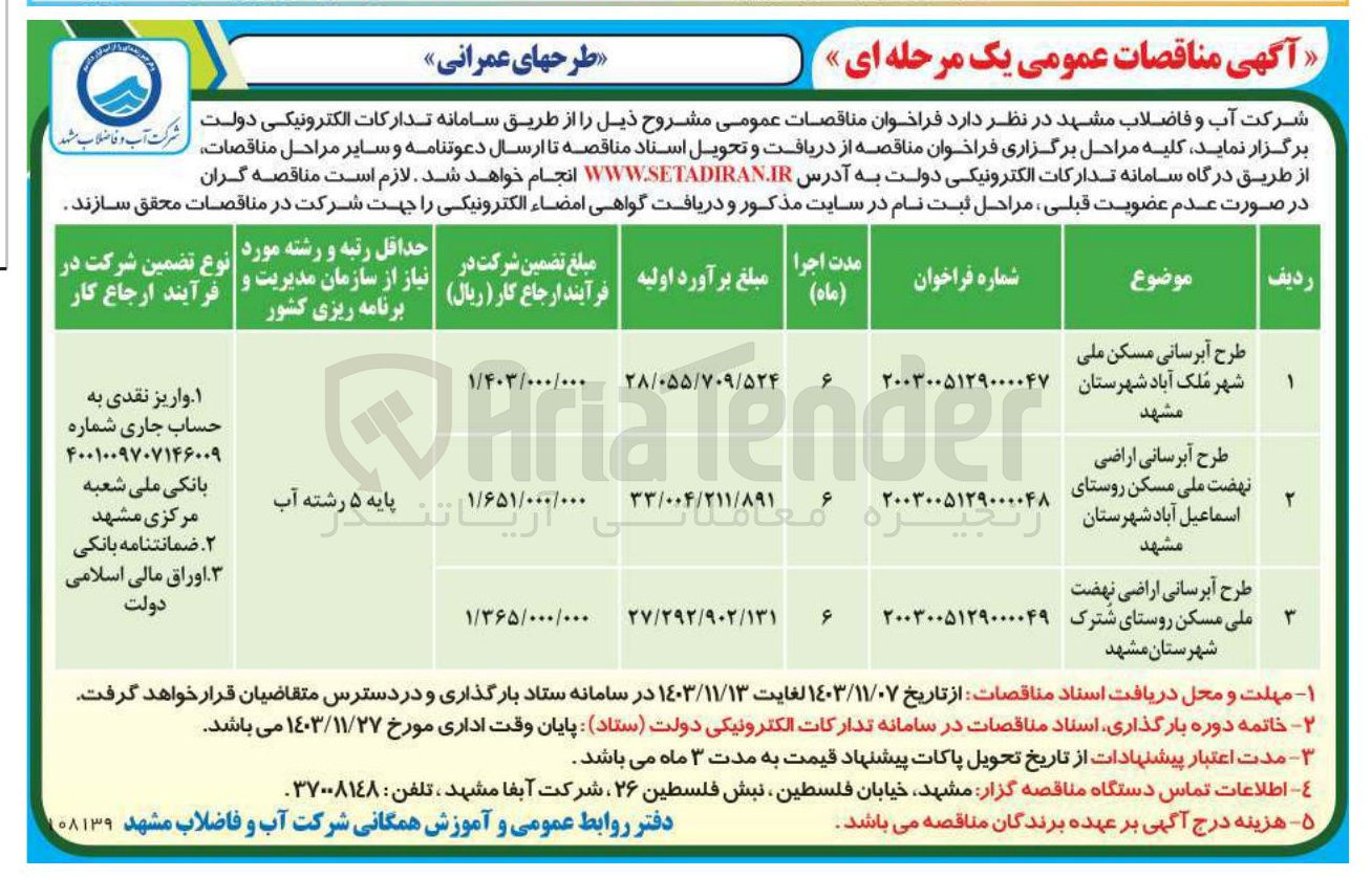 تصویر کوچک آگهی طرح آبرسانی مسکن ملی شهر ملک آباد