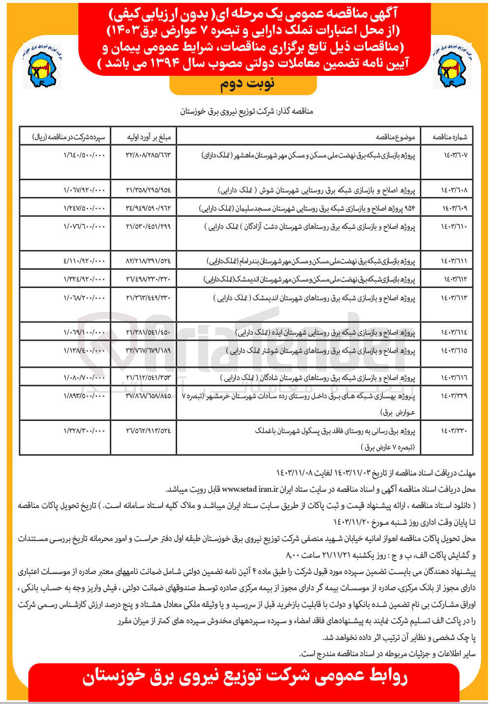 تصویر کوچک آگهی پروژه بازسازی شبکه برق نهضت ملی مسکن و مسکن مهر شهرستان ماهشهر ( تملک دارایی)