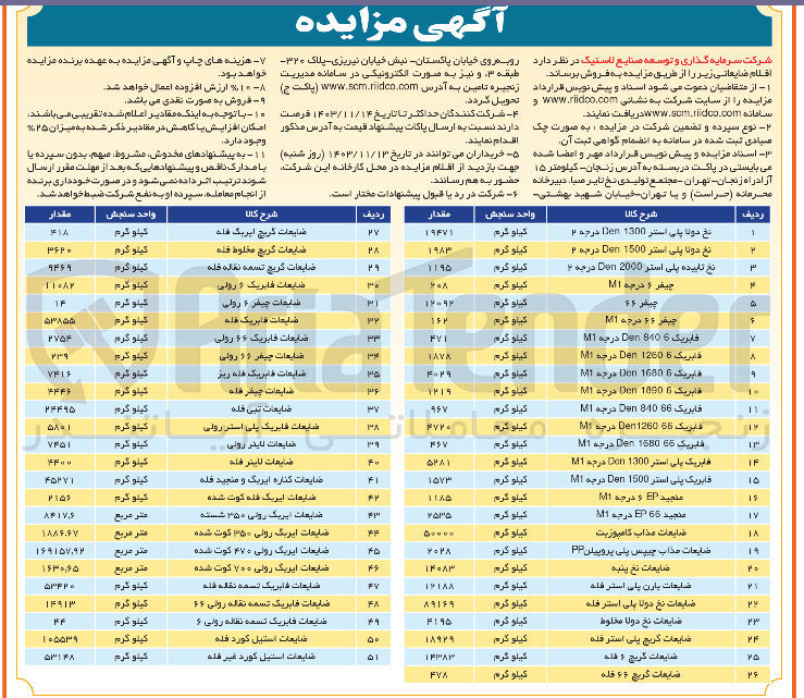 تصویر کوچک آگهی فروش اقلام ضایعاتی در 51 ردیف : نخ دولا پلی استر 1500 Den درجه - نخ تابیده پلی استر 2000 Den درجه - جیفر و درجه MI - جیفر ۶۶ درجه M1 - فابریک 8406 Den درجه M1 - فابریک پلی استر 1300 Den درجه M1 - ضایعات مذاب کامپوزیت - و...