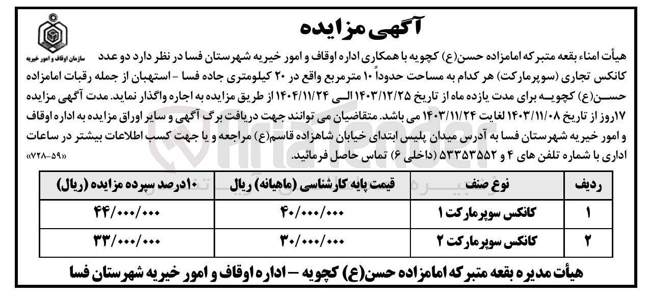 تصویر کوچک آگهی اجاره دو عدد کانکس تجاری سوپرمارکت هر کدام به مساحت حدوداً ۱۰ متر مربع