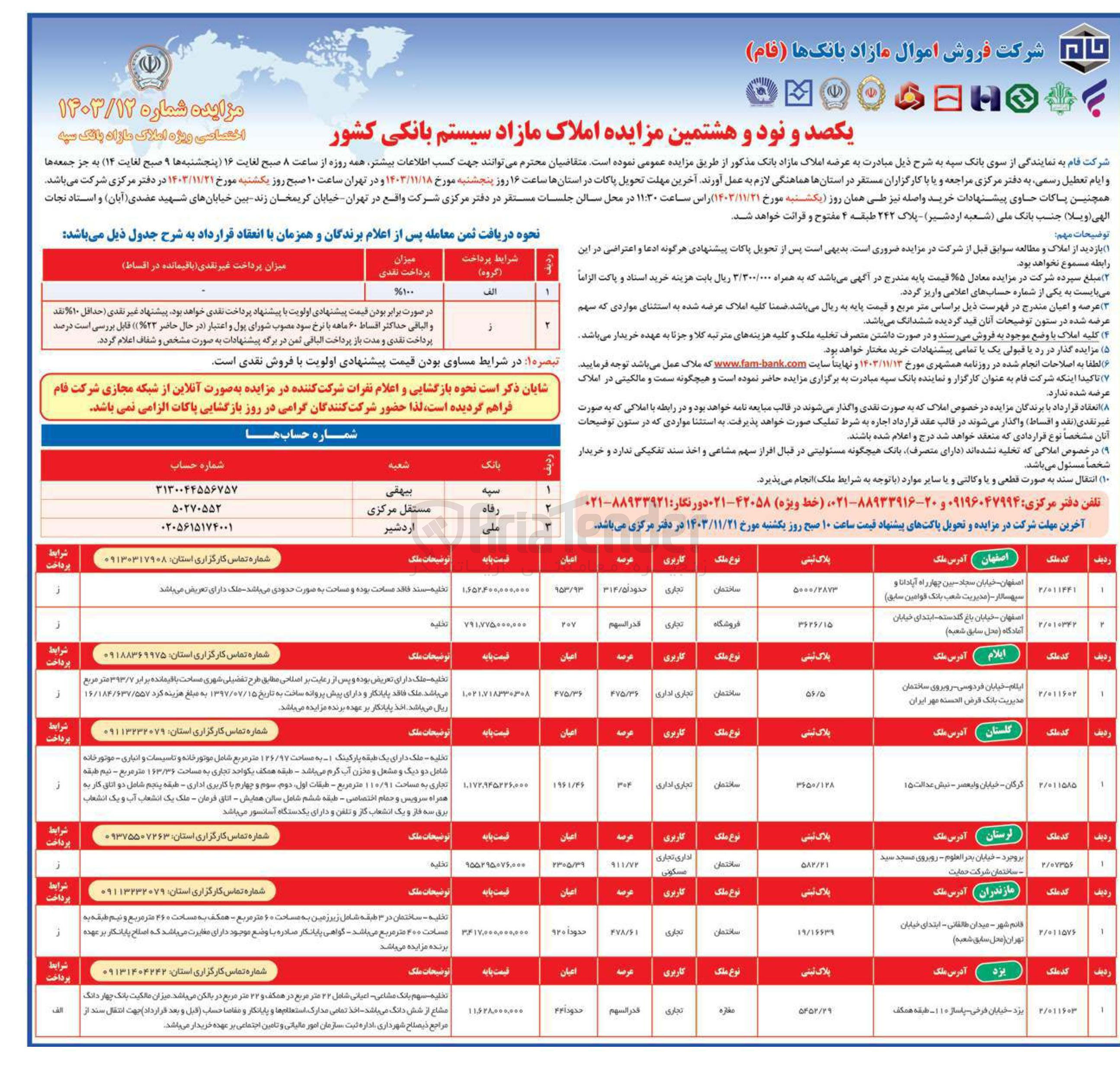 تصویر کوچک آگهی فروش املاک در 7 ردیف در استان های اصفهان، ایلام، گلستان، لرستان،  مازندران، یزد با کاربری های تجاری، اداری، مسکونی
