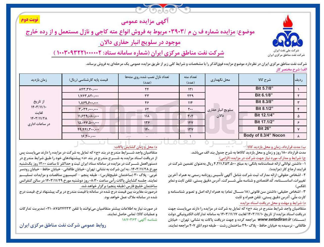 تصویر کوچک آگهی فروش انواع مته کاجی و نازل مستعمل و از رده خارج موجود در سلویج انبار حفاری 