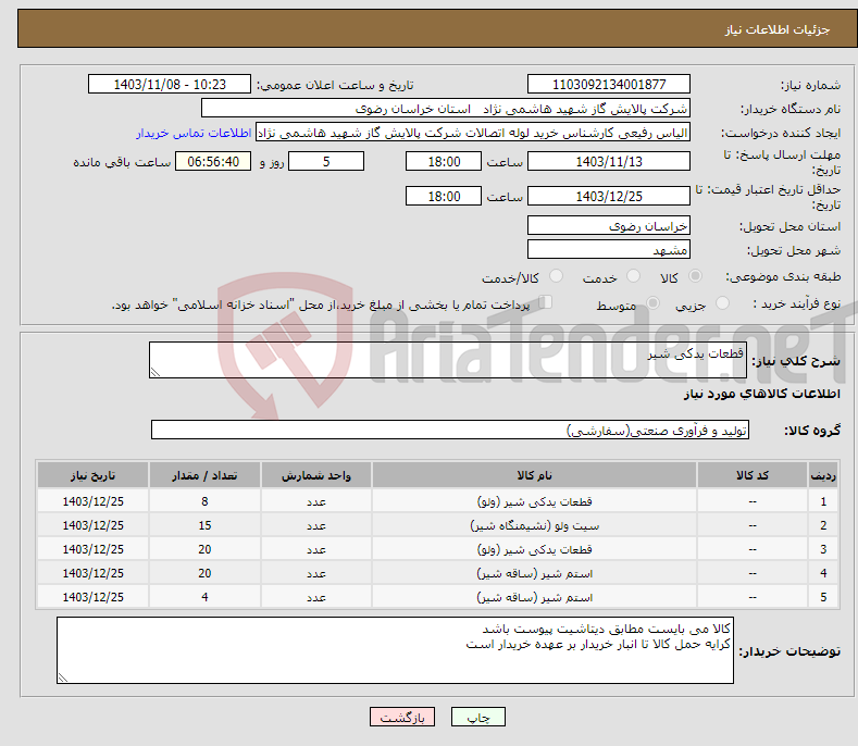 تصویر کوچک آگهی نیاز انتخاب تامین کننده-قطعات یدکی شیر