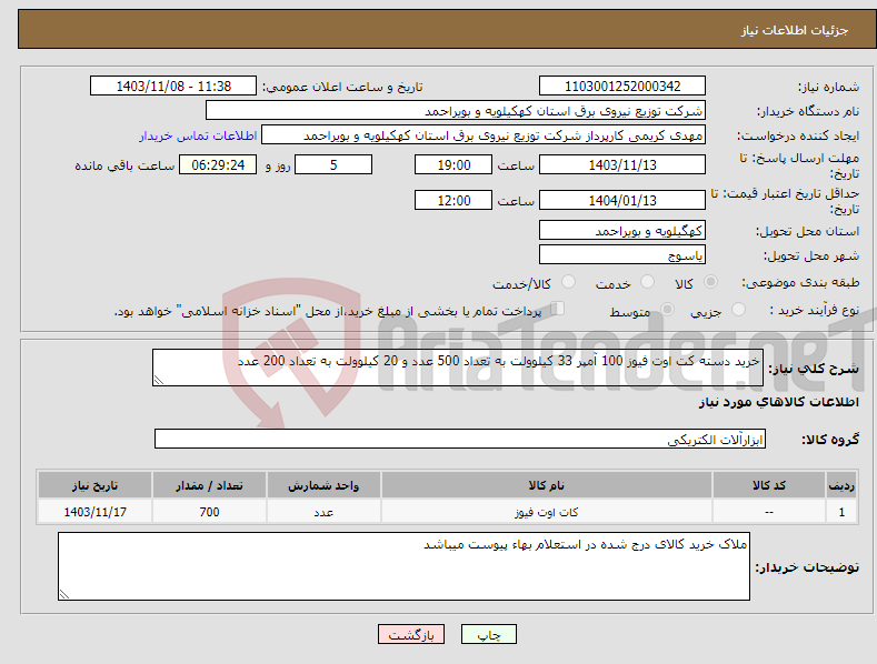 تصویر کوچک آگهی نیاز انتخاب تامین کننده-خرید دسته کت اوت فیوز 100 آمپر 33 کیلوولت به تعداد 500 عدد و 20 کیلوولت به تعداد 200 عدد