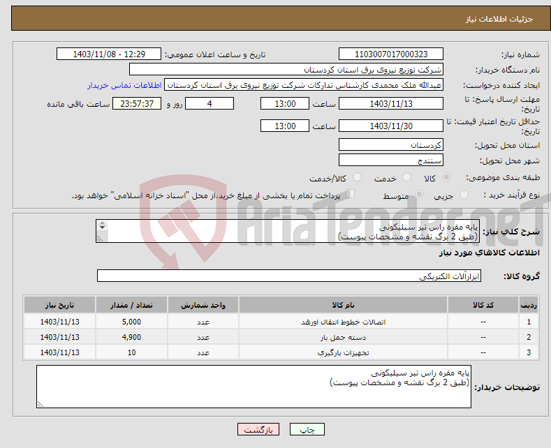 تصویر کوچک آگهی نیاز انتخاب تامین کننده-پایه مقره راس تیر سیلیکونی (طبق 2 برگ نقشه و مشخصات پیوست) 