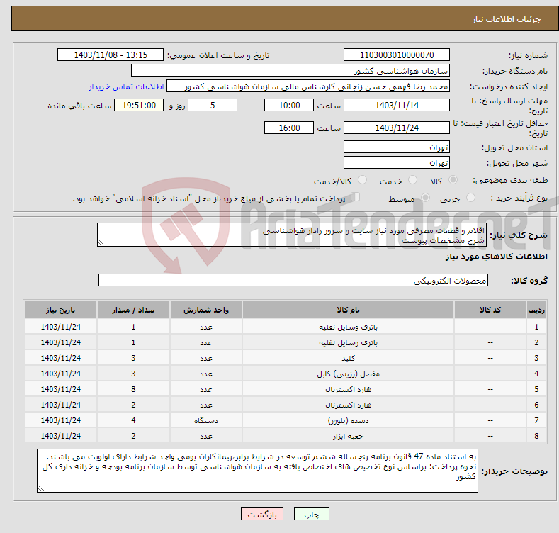 تصویر کوچک آگهی نیاز انتخاب تامین کننده-اقلام و قطعات مصرفی مورد نیاز سایت و سرور رادار هواشناسی شرح مشخصات پیوست