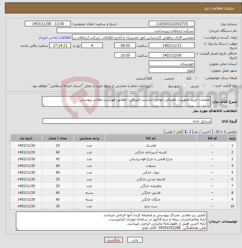 تصویر کوچک آگهی نیاز انتخاب تامین کننده-عملیات خرید تجهیزات مصرفی عوامل حراست فیزیکی- مطابق فهرست مقادیر پیوستی