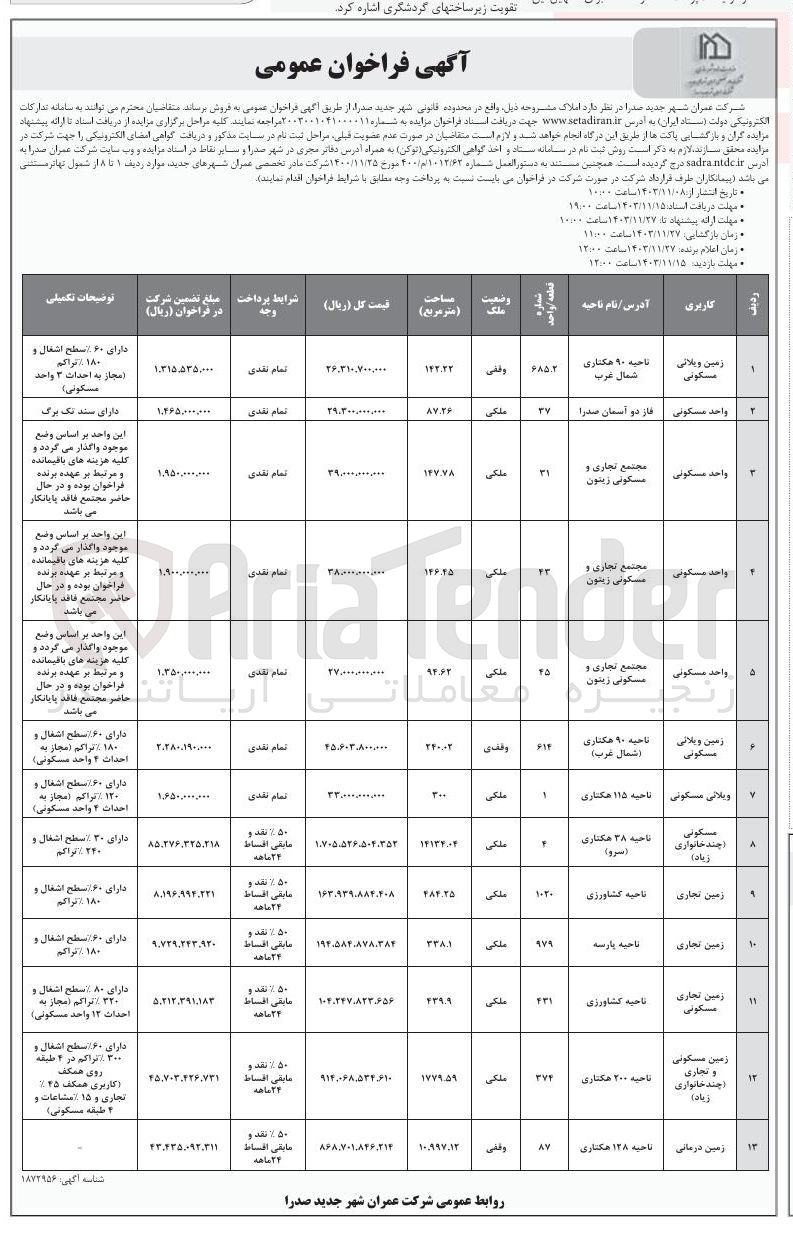 تصویر کوچک آگهی فروش املاک در 13 ردیف با کاربری مسکونی، تجاری، درمانی